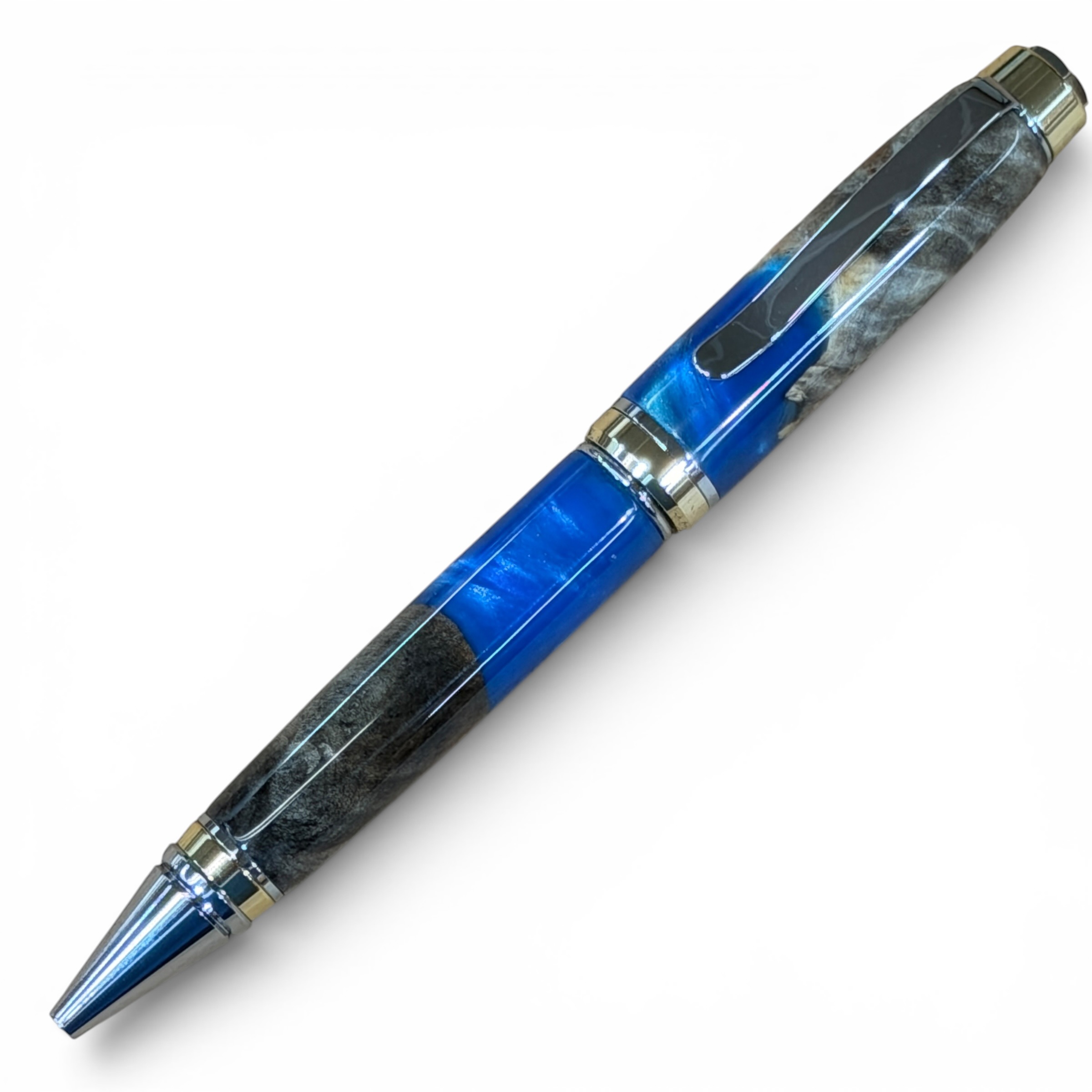 Big Ben Gold and Chrome Select Buckeye Burl and Blue Resin